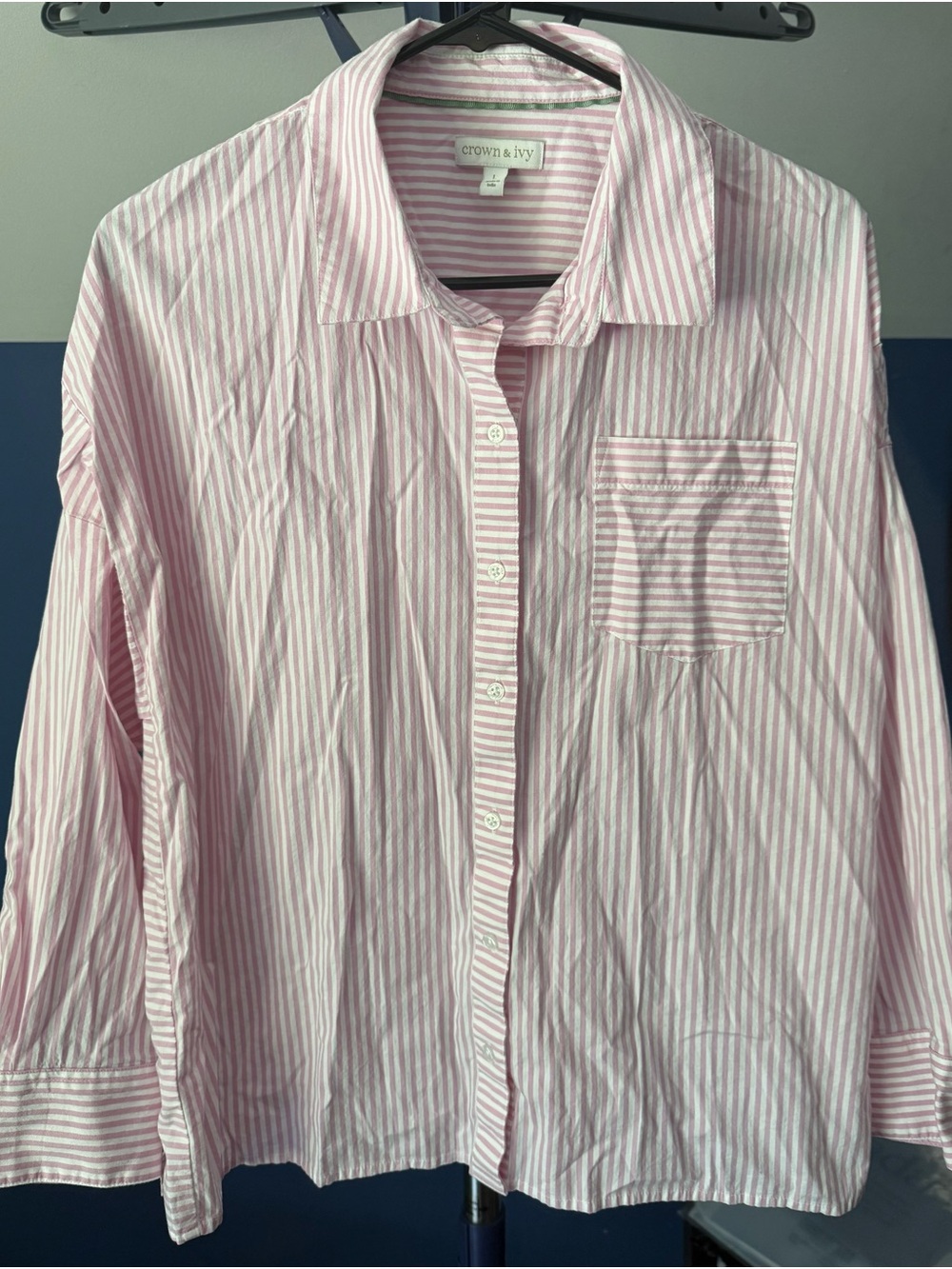 Crown & Ivy Pink White Striped Button Down Shirt Women’s L Stretch Cotton